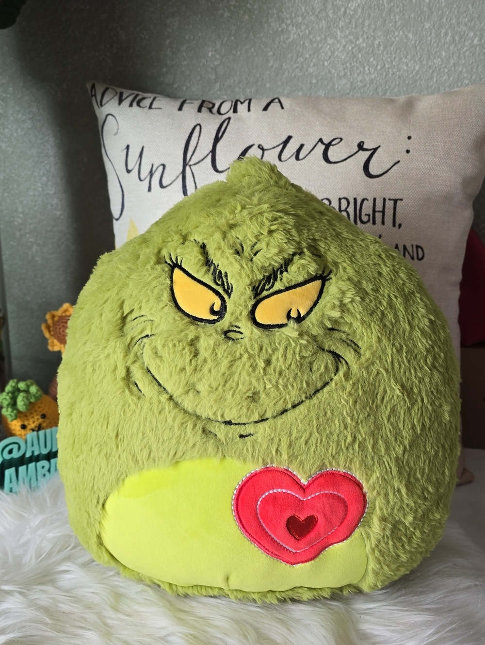 Plush Grinch Heart Pillow – Soft Green Kids Toy